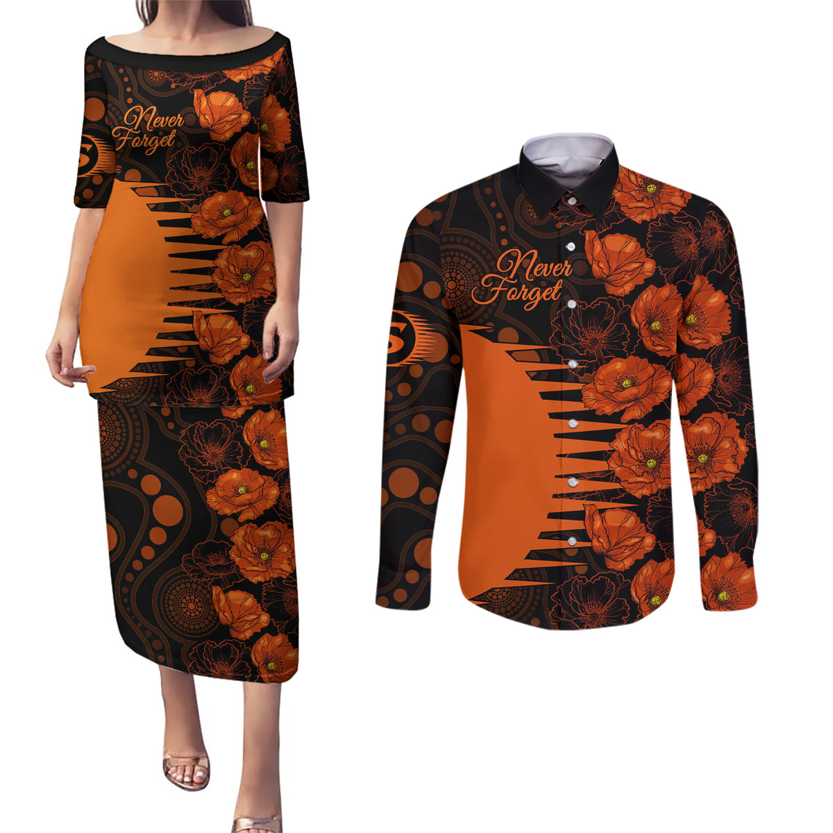 scorchers-cricket-never-forget-custom-couples-matching-puletasi-dress-and-long-sleeve-button-shirt-anzac-day-with-poppy-aboriginal