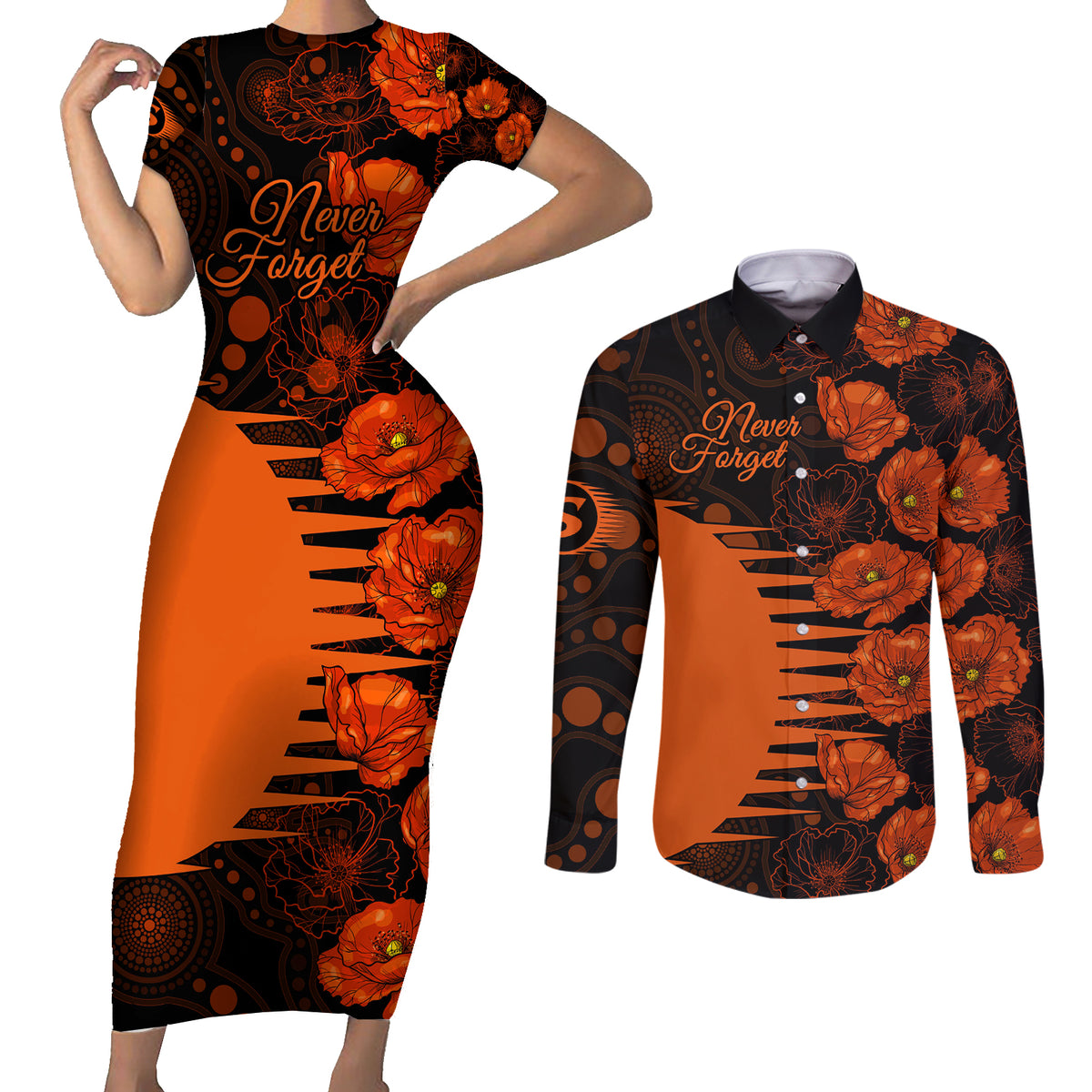 scorchers-cricket-never-forget-custom-couples-matching-short-sleeve-bodycon-dress-and-long-sleeve-button-shirt-anzac-day-with-poppy-aboriginal