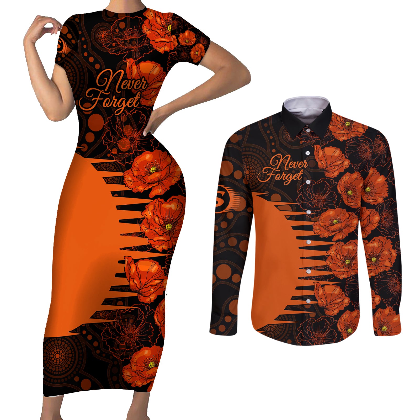 scorchers-cricket-never-forget-custom-couples-matching-short-sleeve-bodycon-dress-and-long-sleeve-button-shirt-anzac-day-with-poppy-aboriginal