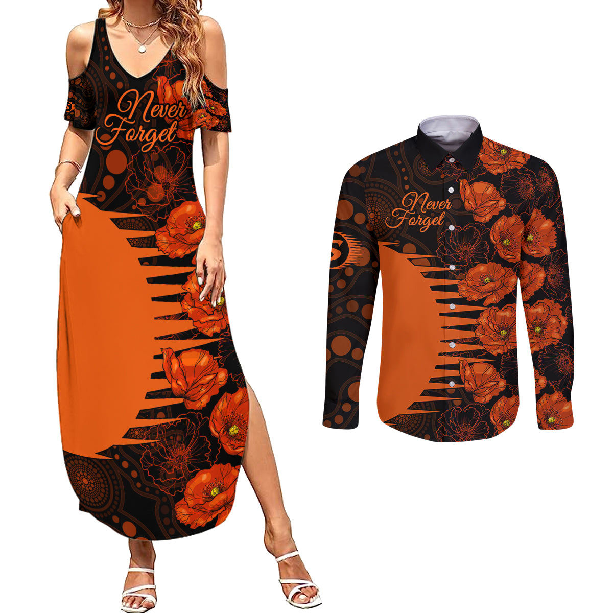 scorchers-cricket-never-forget-custom-couples-matching-summer-maxi-dress-and-long-sleeve-button-shirt-anzac-day-with-poppy-aboriginal