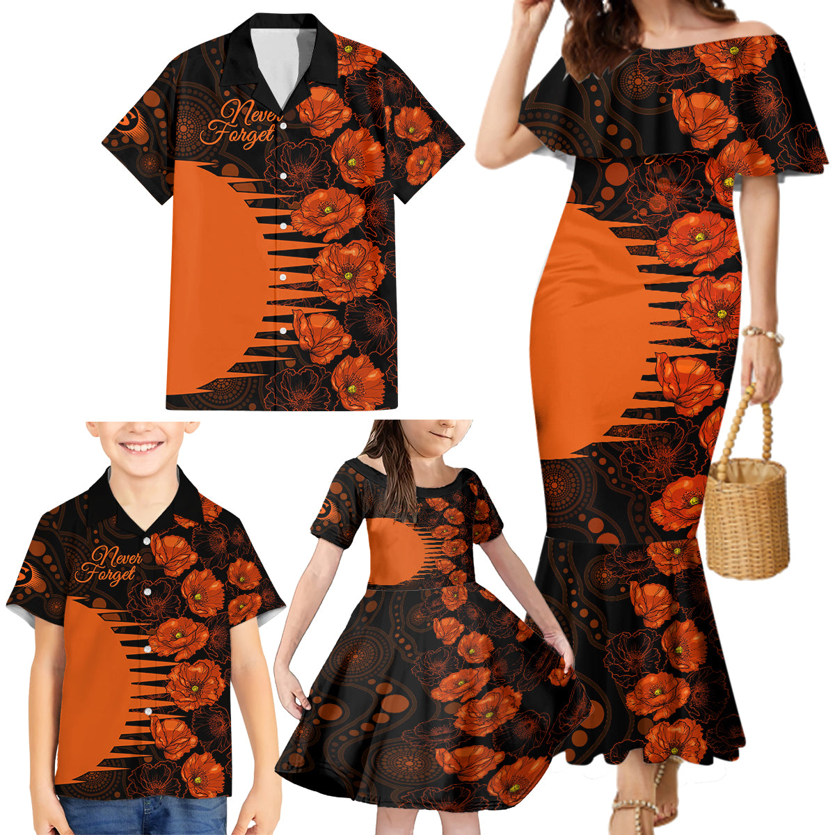 scorchers-cricket-never-forget-custom-family-matching-mermaid-dress-and-hawaiian-shirt-anzac-day-with-poppy-aboriginal