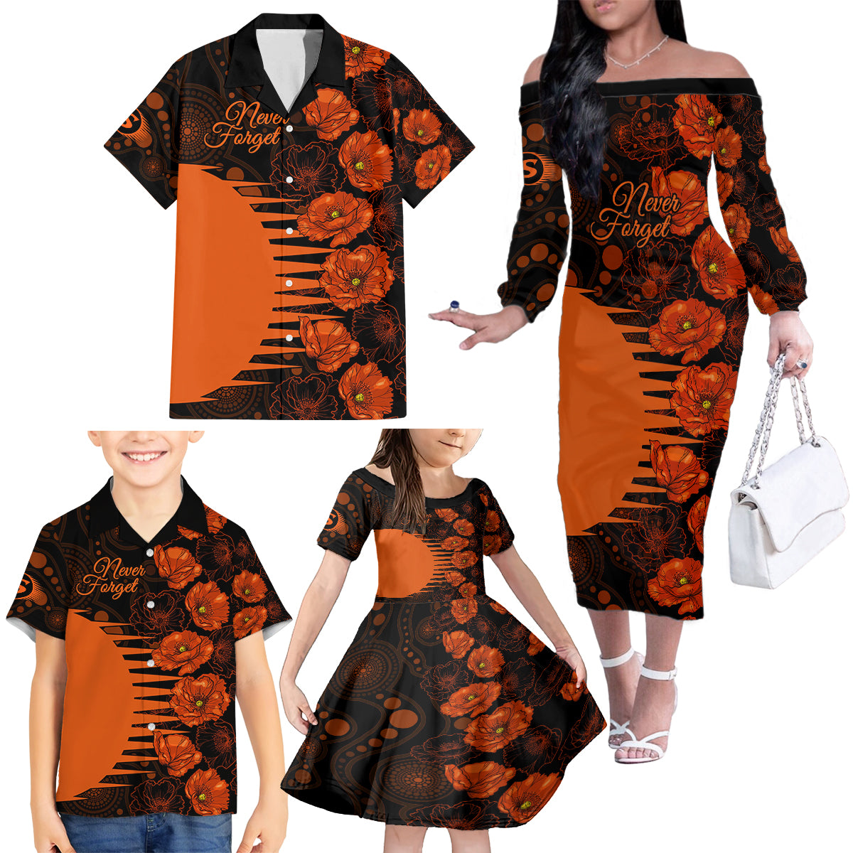 scorchers-cricket-never-forget-custom-family-matching-off-shoulder-long-sleeve-dress-and-hawaiian-shirt-anzac-day-with-poppy-aboriginal
