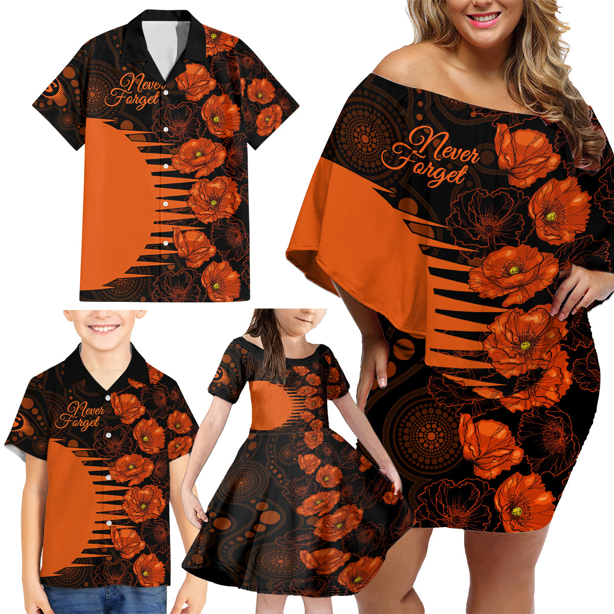 scorchers-cricket-never-forget-custom-family-matching-off-shoulder-short-dress-and-hawaiian-shirt-anzac-day-with-poppy-aboriginal