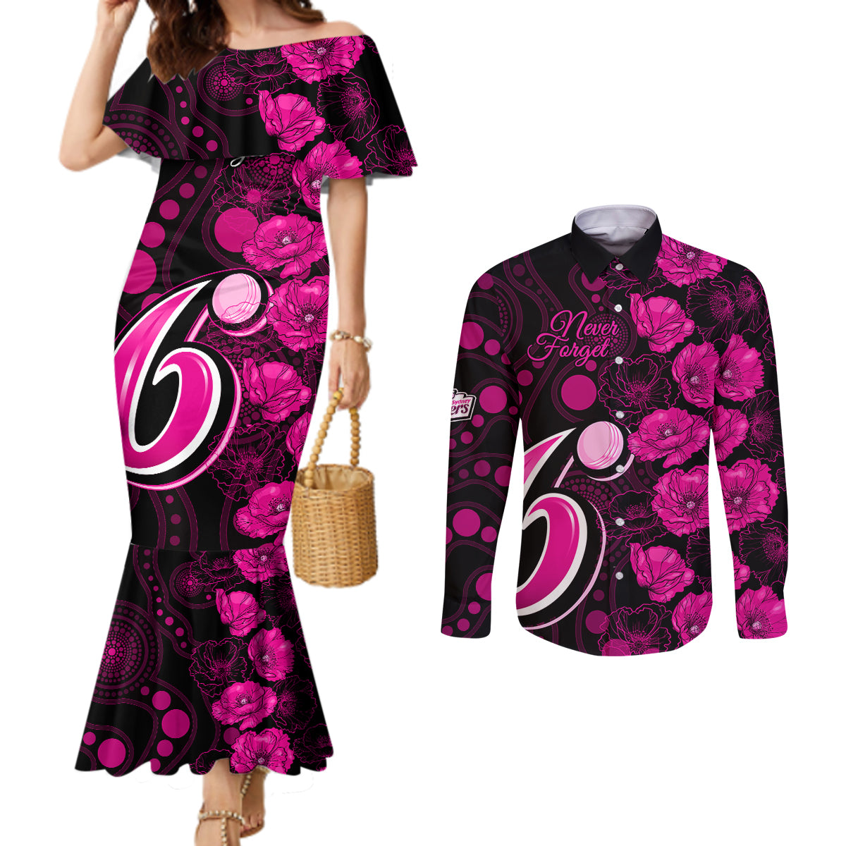 sixers-cricket-never-forget-custom-couples-matching-mermaid-dress-and-long-sleeve-button-shirt-anzac-day-with-poppy-aboriginal