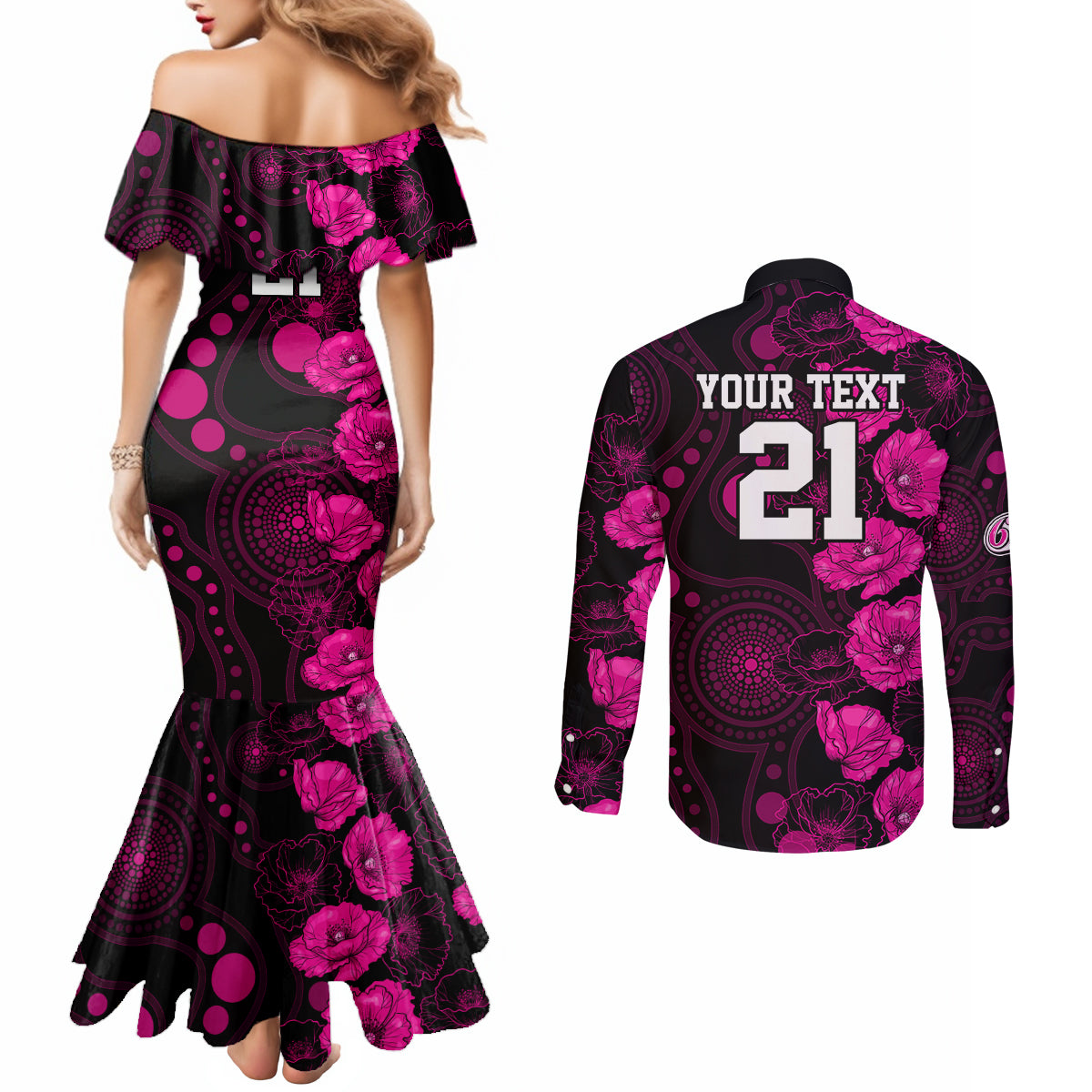 sixers-cricket-never-forget-custom-couples-matching-mermaid-dress-and-long-sleeve-button-shirt-anzac-day-with-poppy-aboriginal