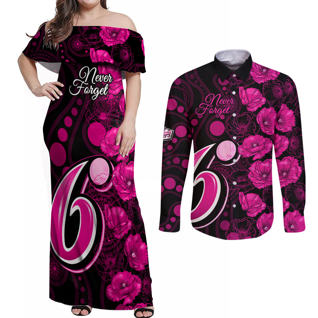 sixers-cricket-never-forget-custom-couples-matching-off-shoulder-maxi-dress-and-long-sleeve-button-shirt-anzac-day-with-poppy-aboriginal