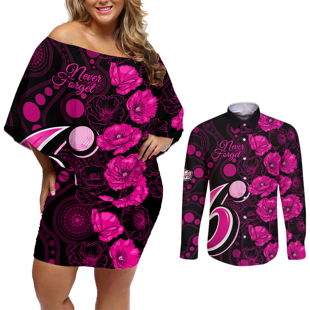 sixers-cricket-never-forget-custom-couples-matching-off-shoulder-short-dress-and-long-sleeve-button-shirt-anzac-day-with-poppy-aboriginal