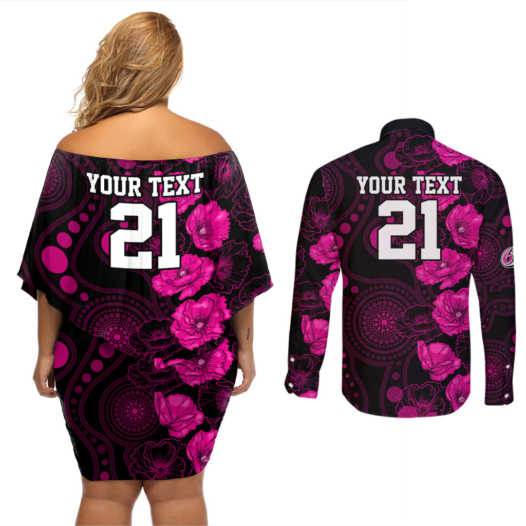 sixers-cricket-never-forget-custom-couples-matching-off-shoulder-short-dress-and-long-sleeve-button-shirt-anzac-day-with-poppy-aboriginal
