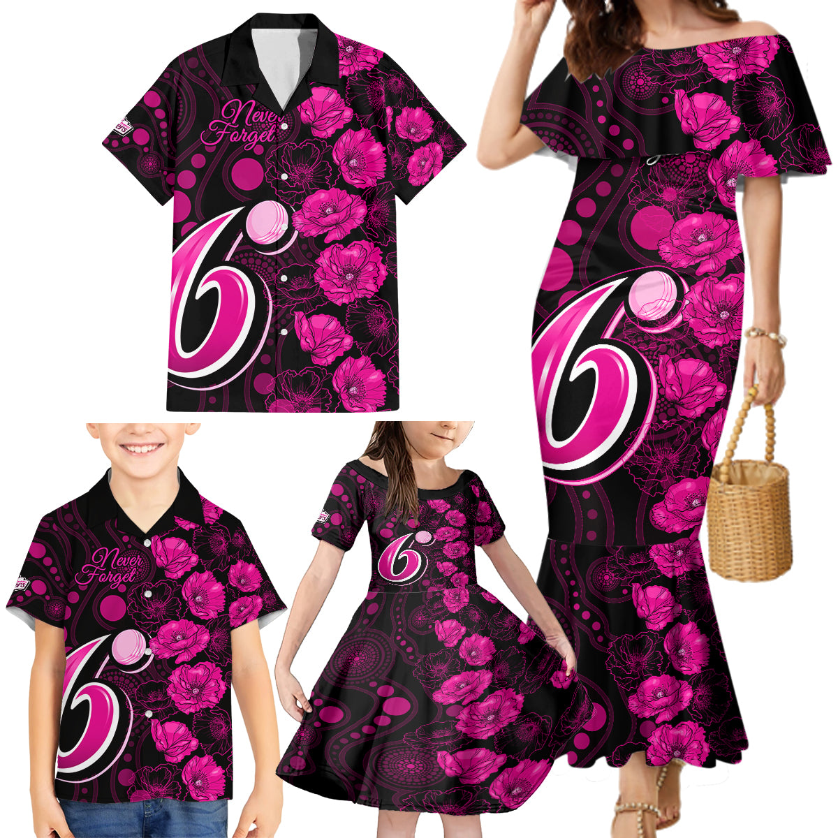 sixers-cricket-never-forget-custom-family-matching-mermaid-dress-and-hawaiian-shirt-anzac-day-with-poppy-aboriginal