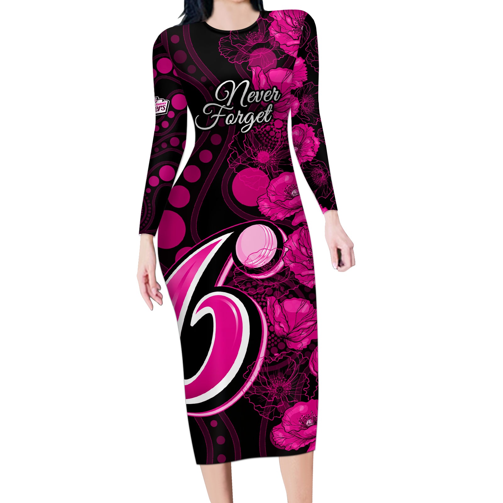 sixers-cricket-never-forget-custom-long-sleeve-bodycon-dress-anzac-day-with-poppy-aboriginal