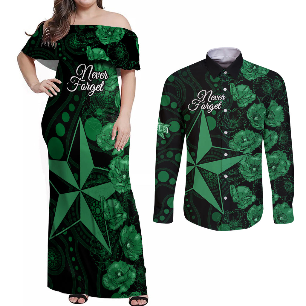 stars-cricket-never-forget-custom-couples-matching-off-shoulder-maxi-dress-and-long-sleeve-button-shirt-anzac-day-with-poppy-aboriginal