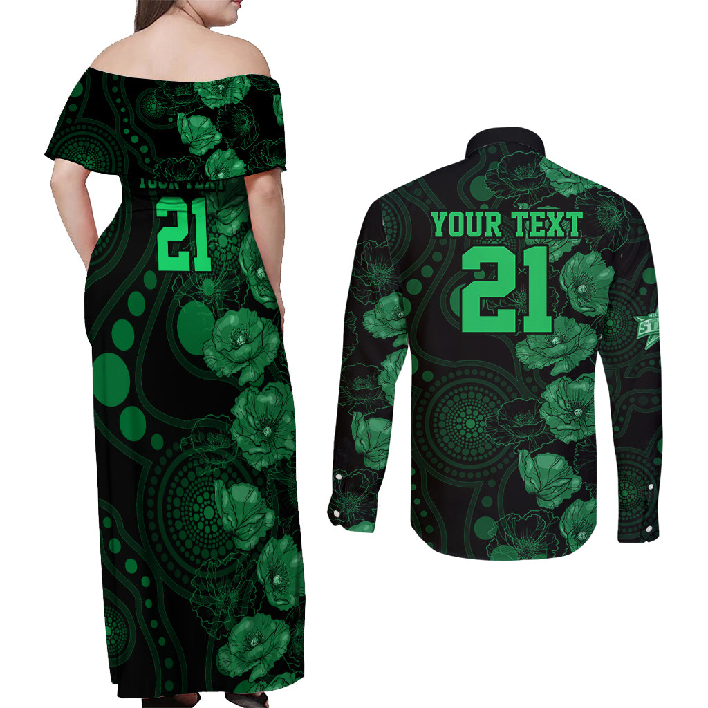 stars-cricket-never-forget-custom-couples-matching-off-shoulder-maxi-dress-and-long-sleeve-button-shirt-anzac-day-with-poppy-aboriginal