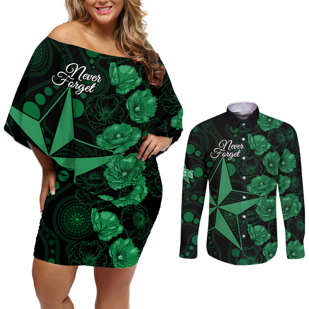 stars-cricket-never-forget-custom-couples-matching-off-shoulder-short-dress-and-long-sleeve-button-shirt-anzac-day-with-poppy-aboriginal