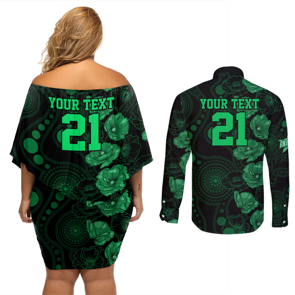 stars-cricket-never-forget-custom-couples-matching-off-shoulder-short-dress-and-long-sleeve-button-shirt-anzac-day-with-poppy-aboriginal