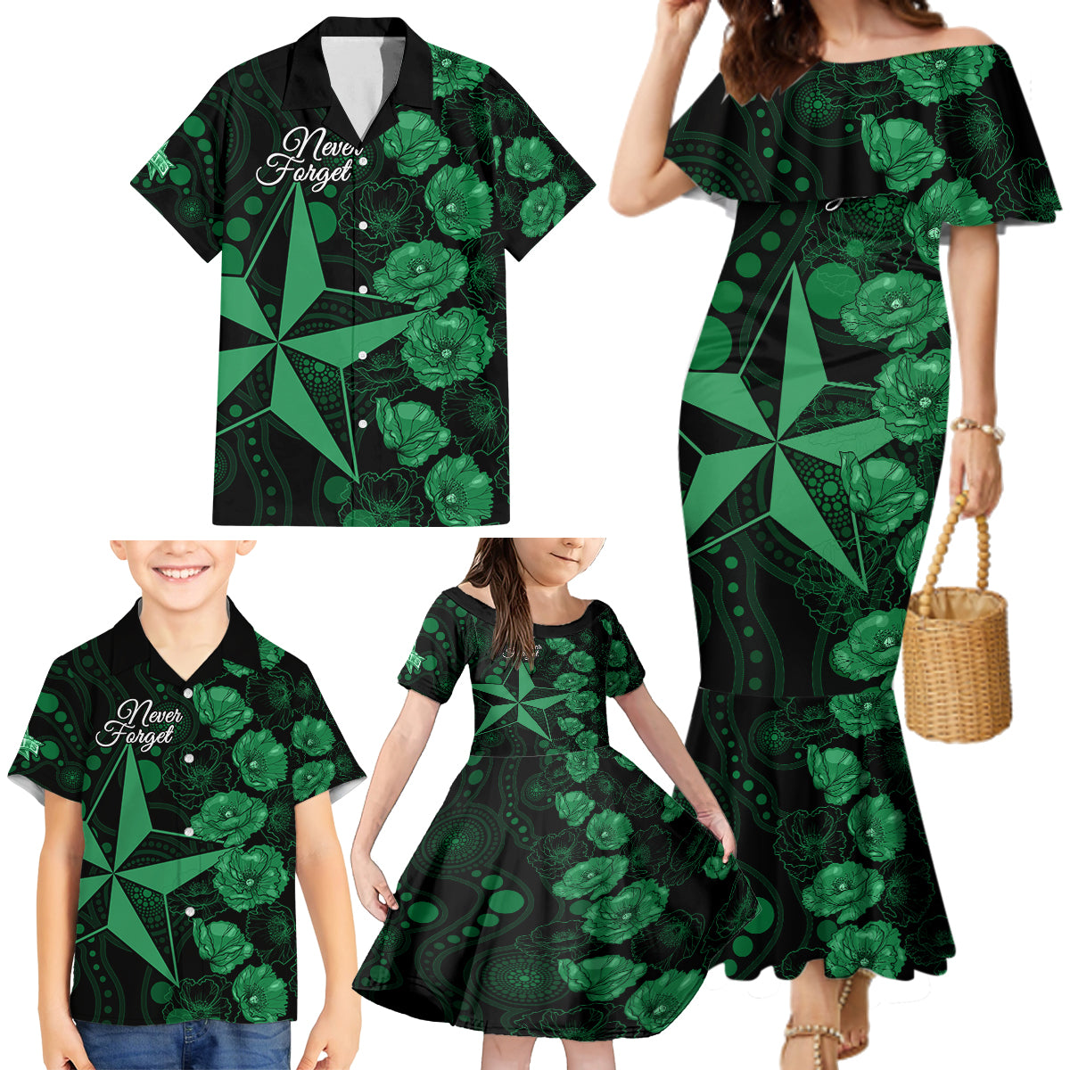 stars-cricket-never-forget-custom-family-matching-mermaid-dress-and-hawaiian-shirt-anzac-day-with-poppy-aboriginal