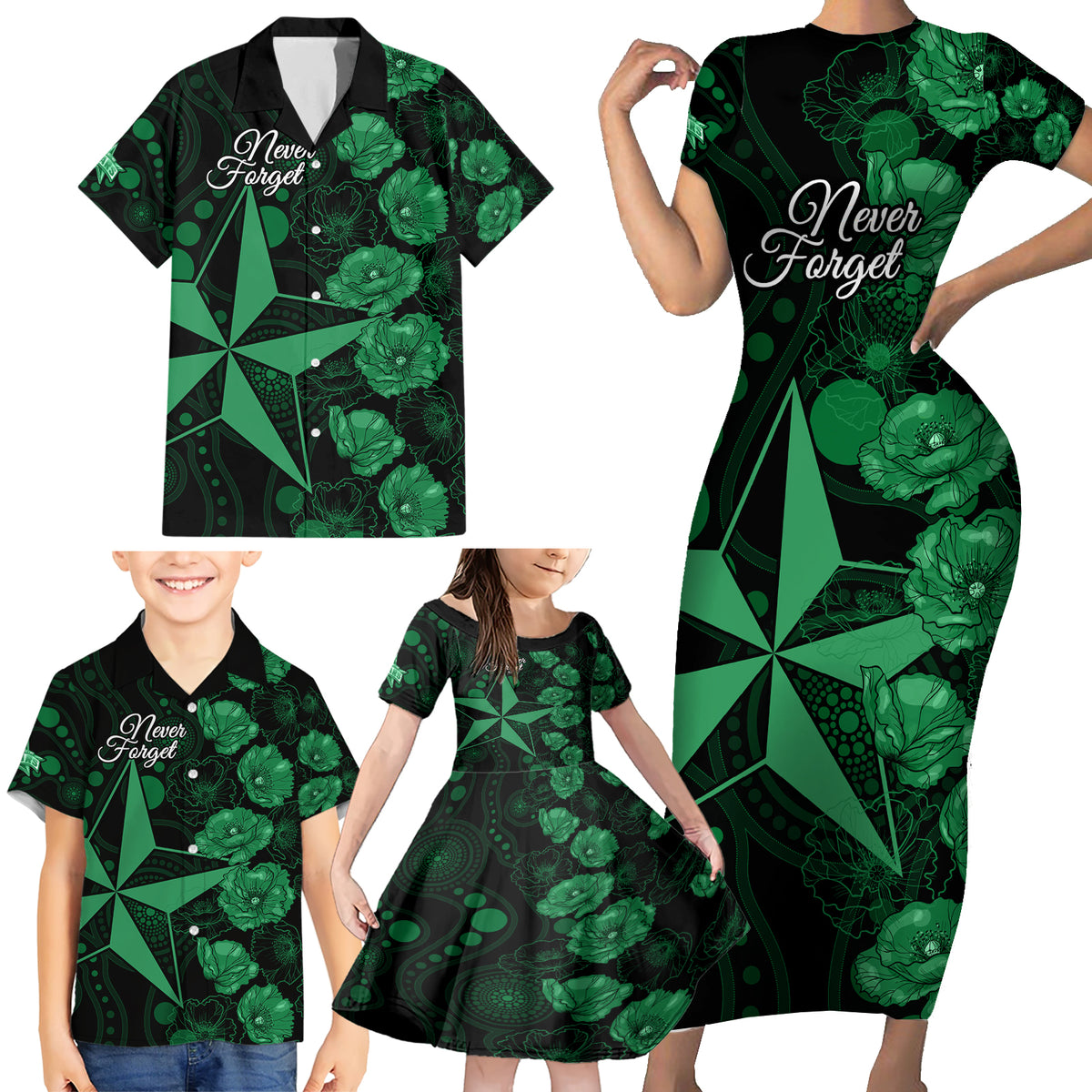 stars-cricket-never-forget-custom-family-matching-short-sleeve-bodycon-dress-and-hawaiian-shirt-anzac-day-with-poppy-aboriginal