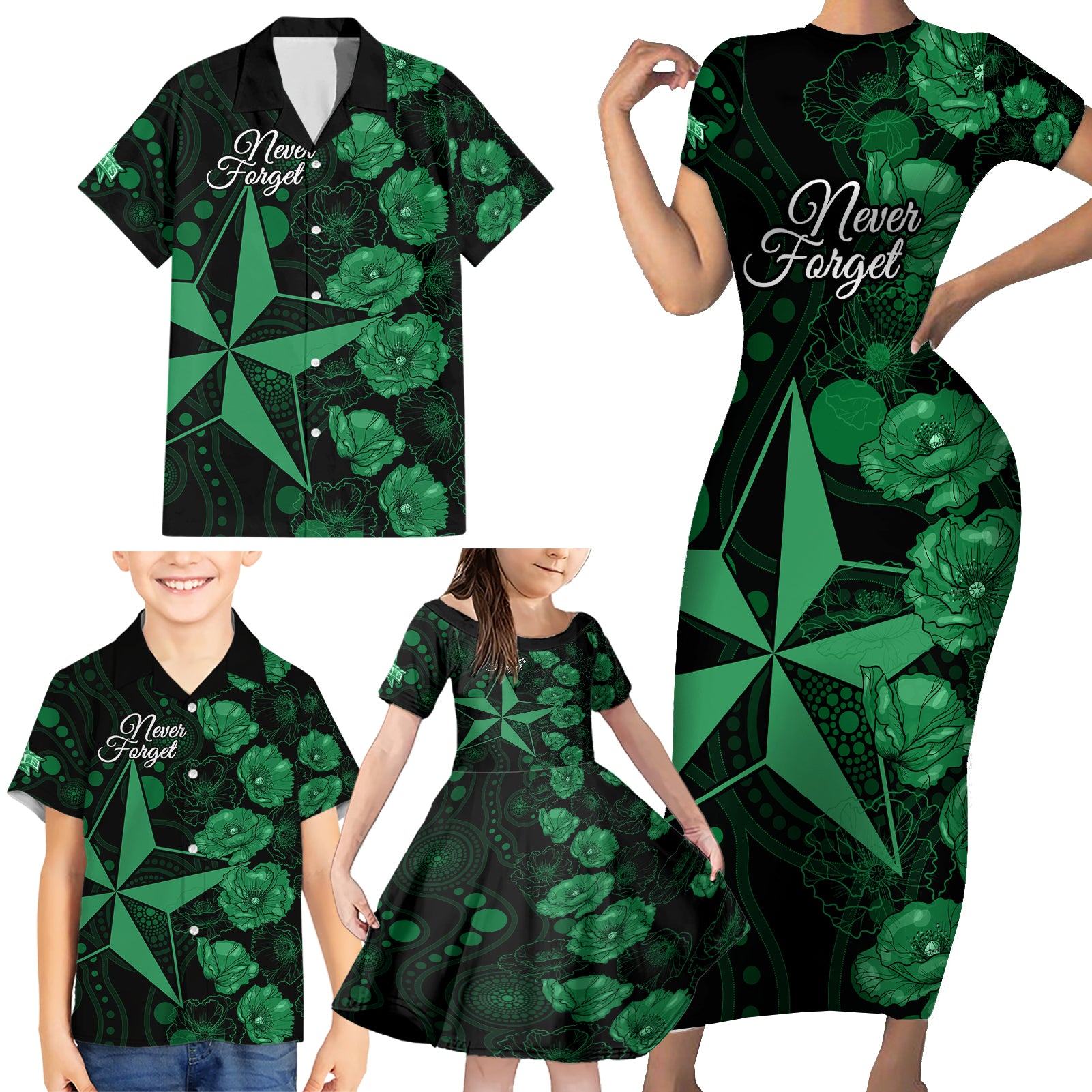 stars-cricket-never-forget-custom-family-matching-short-sleeve-bodycon-dress-and-hawaiian-shirt-anzac-day-with-poppy-aboriginal
