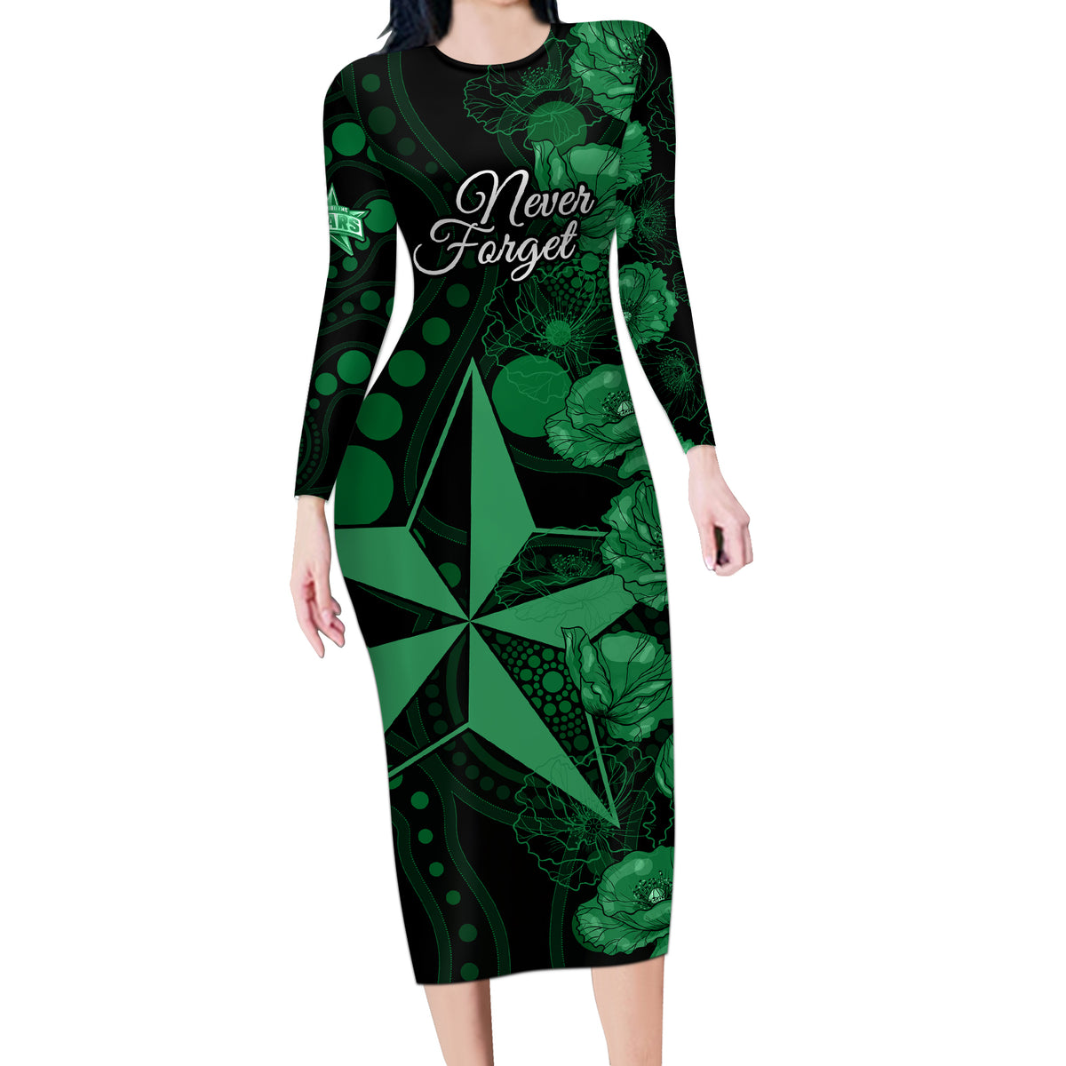 stars-cricket-never-forget-custom-long-sleeve-bodycon-dress-anzac-day-with-poppy-aboriginal