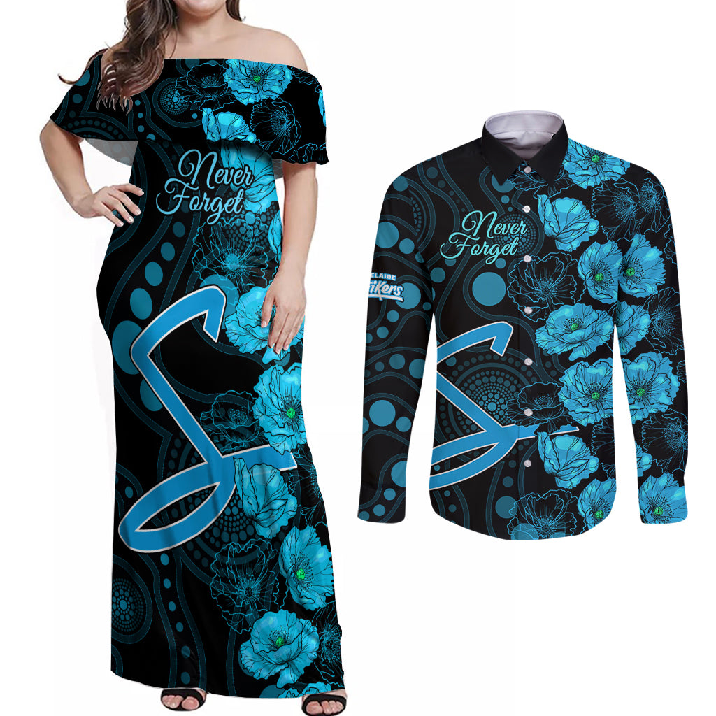 strikers-cricket-never-forget-custom-couples-matching-off-shoulder-maxi-dress-and-long-sleeve-button-shirt-anzac-day-with-poppy-aboriginal