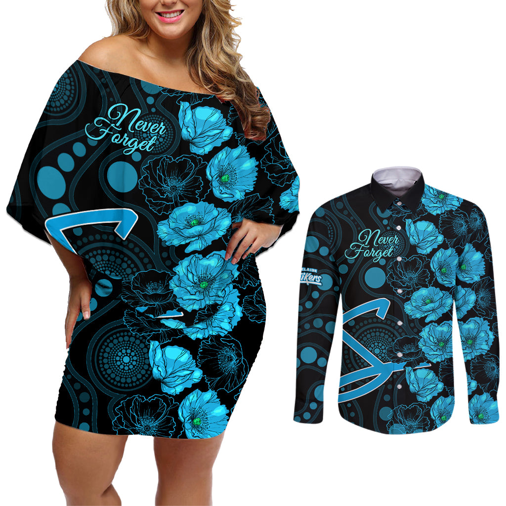 strikers-cricket-never-forget-custom-couples-matching-off-shoulder-short-dress-and-long-sleeve-button-shirt-anzac-day-with-poppy-aboriginal