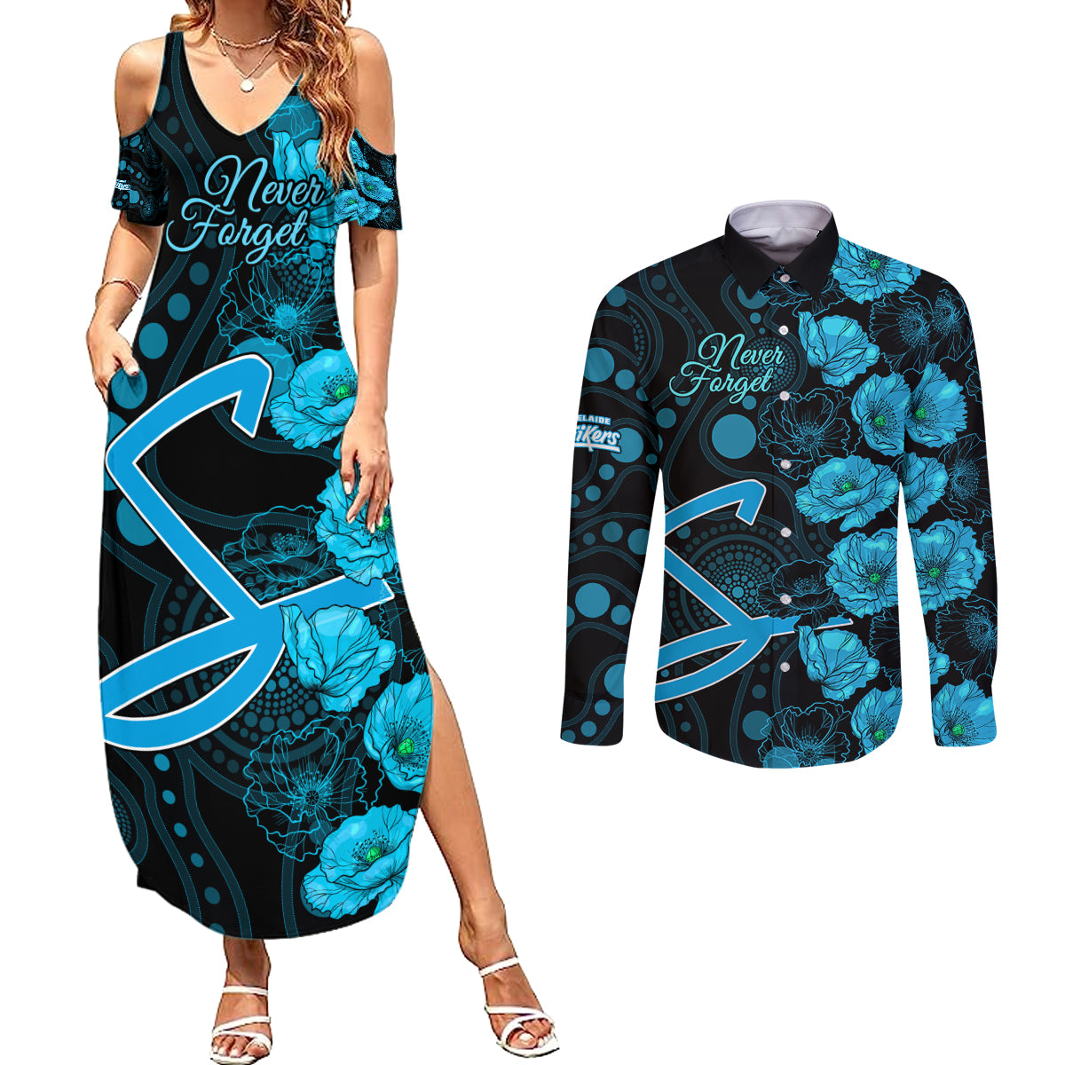 strikers-cricket-never-forget-custom-couples-matching-summer-maxi-dress-and-long-sleeve-button-shirt-anzac-day-with-poppy-aboriginal