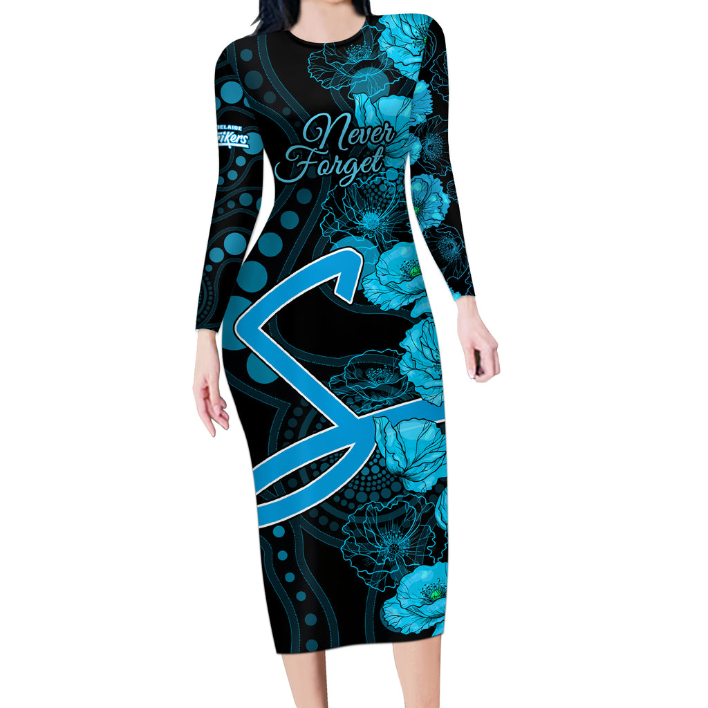 strikers-cricket-never-forget-custom-long-sleeve-bodycon-dress-anzac-day-with-poppy-aboriginal