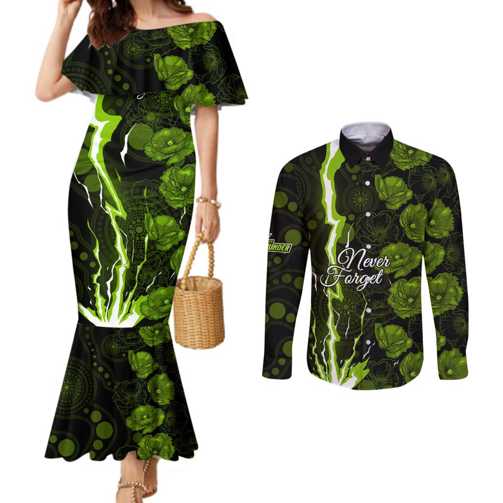 thunder-cricket-never-forget-custom-couples-matching-mermaid-dress-and-long-sleeve-button-shirt-anzac-day-with-poppy-aboriginal