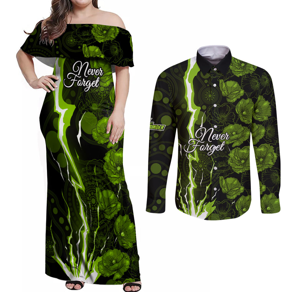 thunder-cricket-never-forget-custom-couples-matching-off-shoulder-maxi-dress-and-long-sleeve-button-shirt-anzac-day-with-poppy-aboriginal