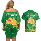 Proud To Be Australia Day Couples Matching Off Shoulder Short Dress and Hawaiian Shirt Kangaroo with National Color