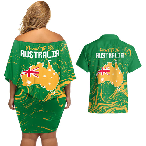 Proud To Be Australia Day Couples Matching Off Shoulder Short Dress and Hawaiian Shirt Kangaroo with National Color