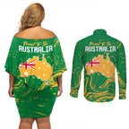 Proud To Be Australia Day Couples Matching Off Shoulder Short Dress and Long Sleeve Button Shirt Kangaroo with National Color