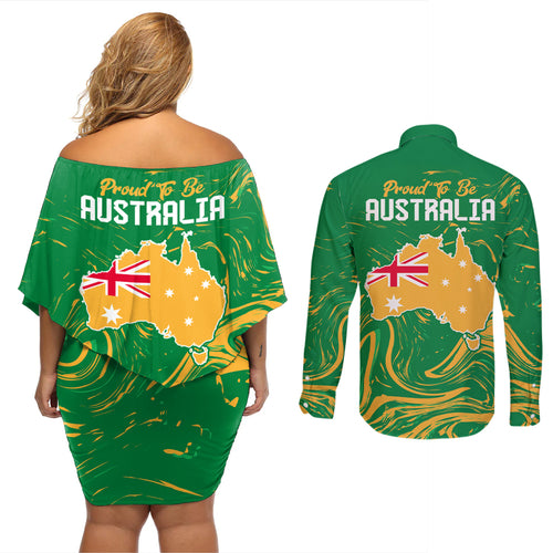 Proud To Be Australia Day Couples Matching Off Shoulder Short Dress and Long Sleeve Button Shirt Kangaroo with National Color