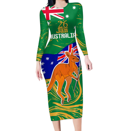 Proud To Be Australia Day Family Matching Long Sleeve Bodycon Dress and Hawaiian Shirt Kangaroo with National Color
