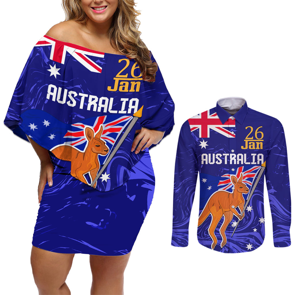 Proud To Be Australia Day Couples Matching Off Shoulder Short Dress and Long Sleeve Button Shirt Kangaroo with Flag Color