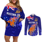 Proud To Be Australia Day Couples Matching Off Shoulder Short Dress and Long Sleeve Button Shirt Kangaroo with Flag Color