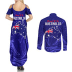 Proud To Be Australia Day Couples Matching Summer Maxi Dress and Long Sleeve Button Shirt Kangaroo with Flag Color