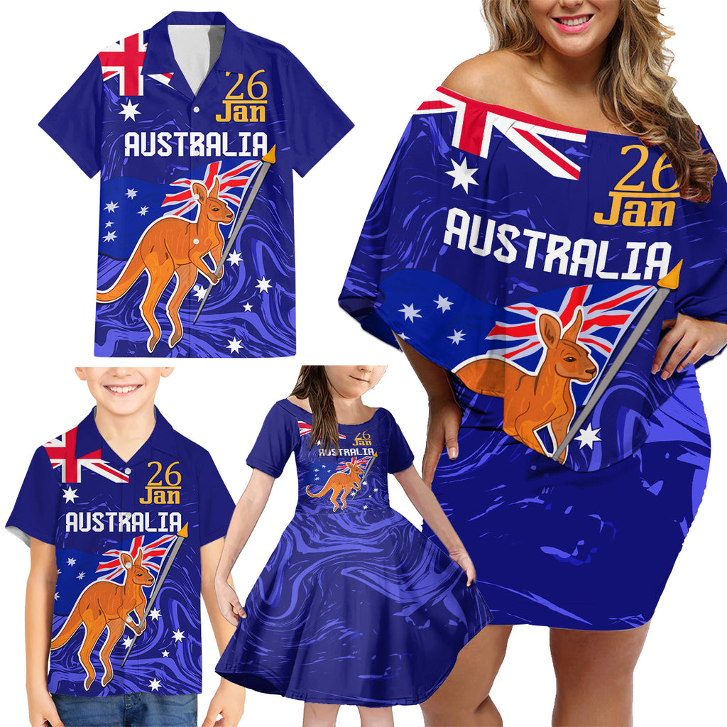 Proud To Be Australia Day Family Matching Off Shoulder Short Dress and Hawaiian Shirt Kangaroo with Flag Color