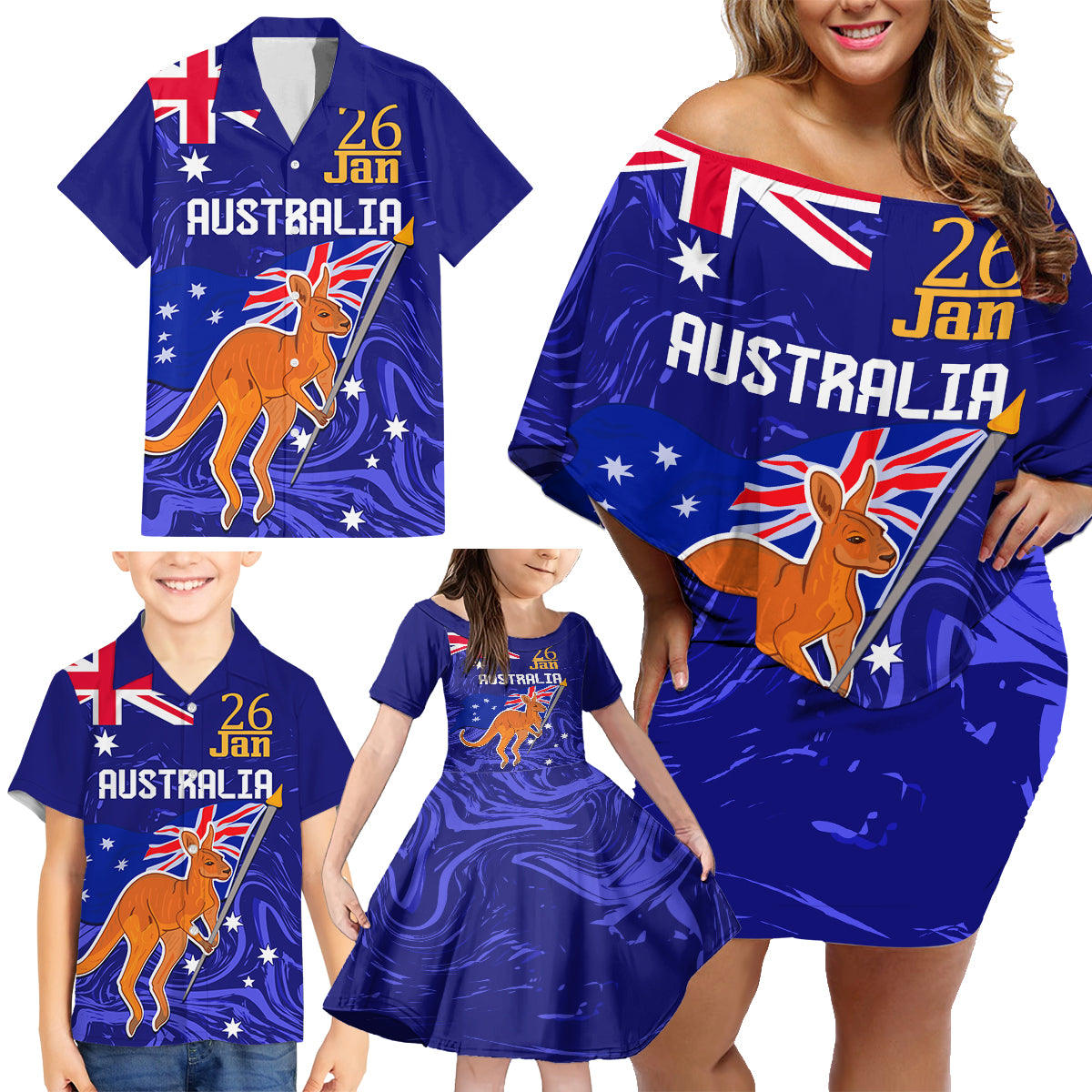 Proud To Be Australia Day Family Matching Off Shoulder Short Dress and Hawaiian Shirt Kangaroo with Flag Color