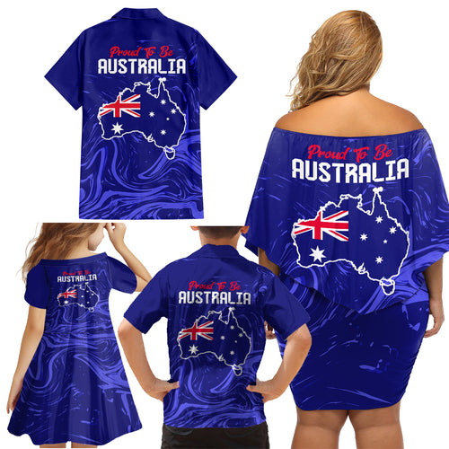 Proud To Be Australia Day Family Matching Off Shoulder Short Dress and Hawaiian Shirt Kangaroo with Flag Color