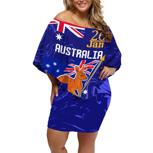 Proud To Be Australia Day Family Matching Off Shoulder Short Dress and Hawaiian Shirt Kangaroo with Flag Color