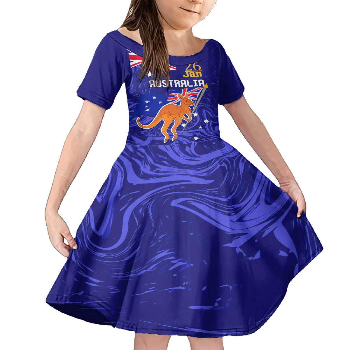 Proud To Be Australia Day Kid Short Sleeve Dress Kangaroo with Flag Color
