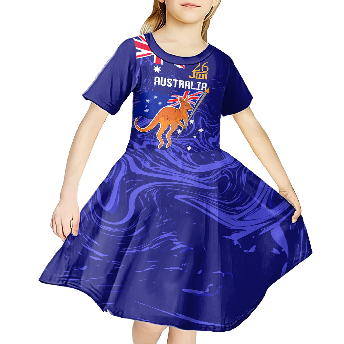 Proud To Be Australia Day Kid Short Sleeve Dress Kangaroo with Flag Color