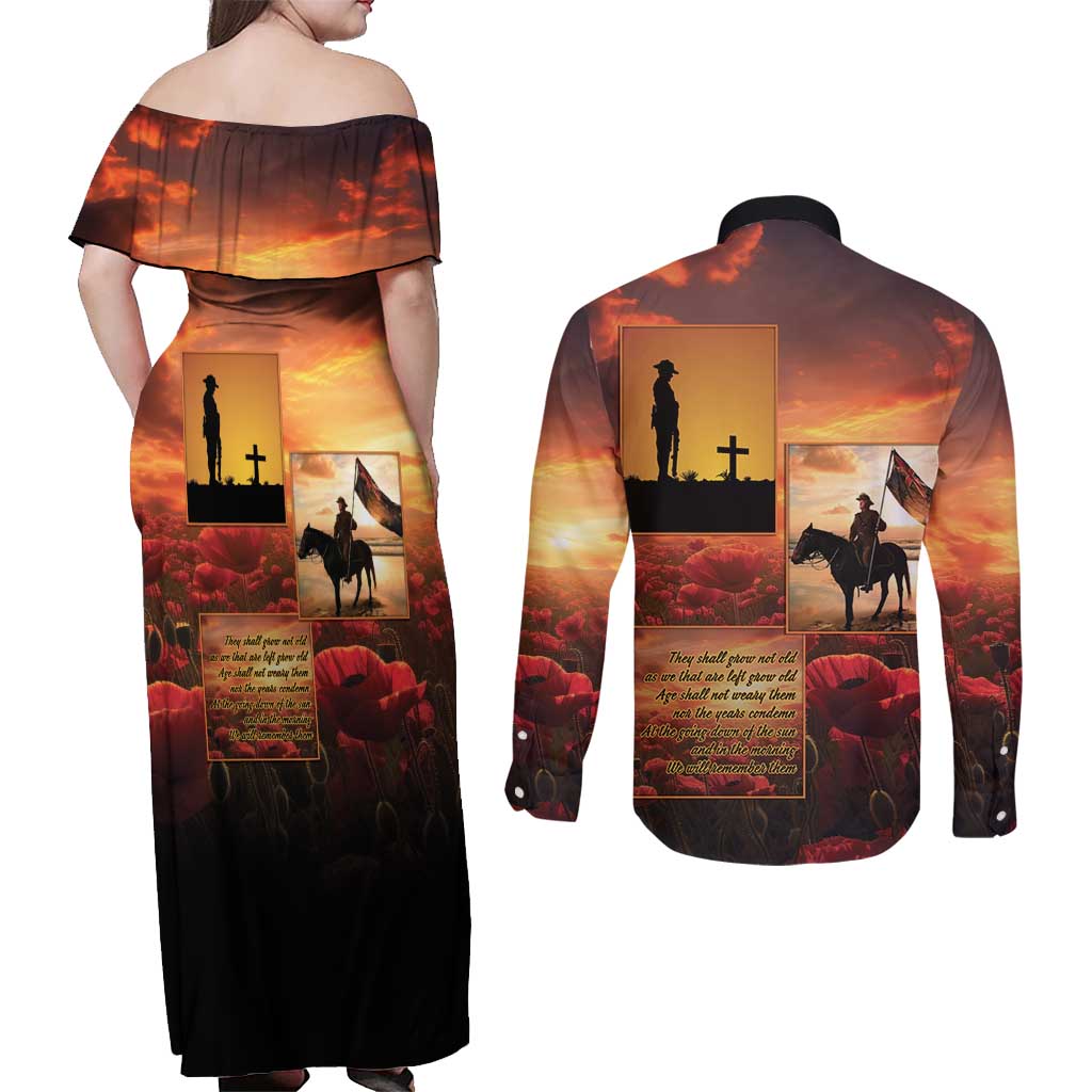 ANZAC Day Film Reel Lest We Forget Couples Matching Off Shoulder Maxi Dress and Long Sleeve Button Shirt Australia NZ Memorial