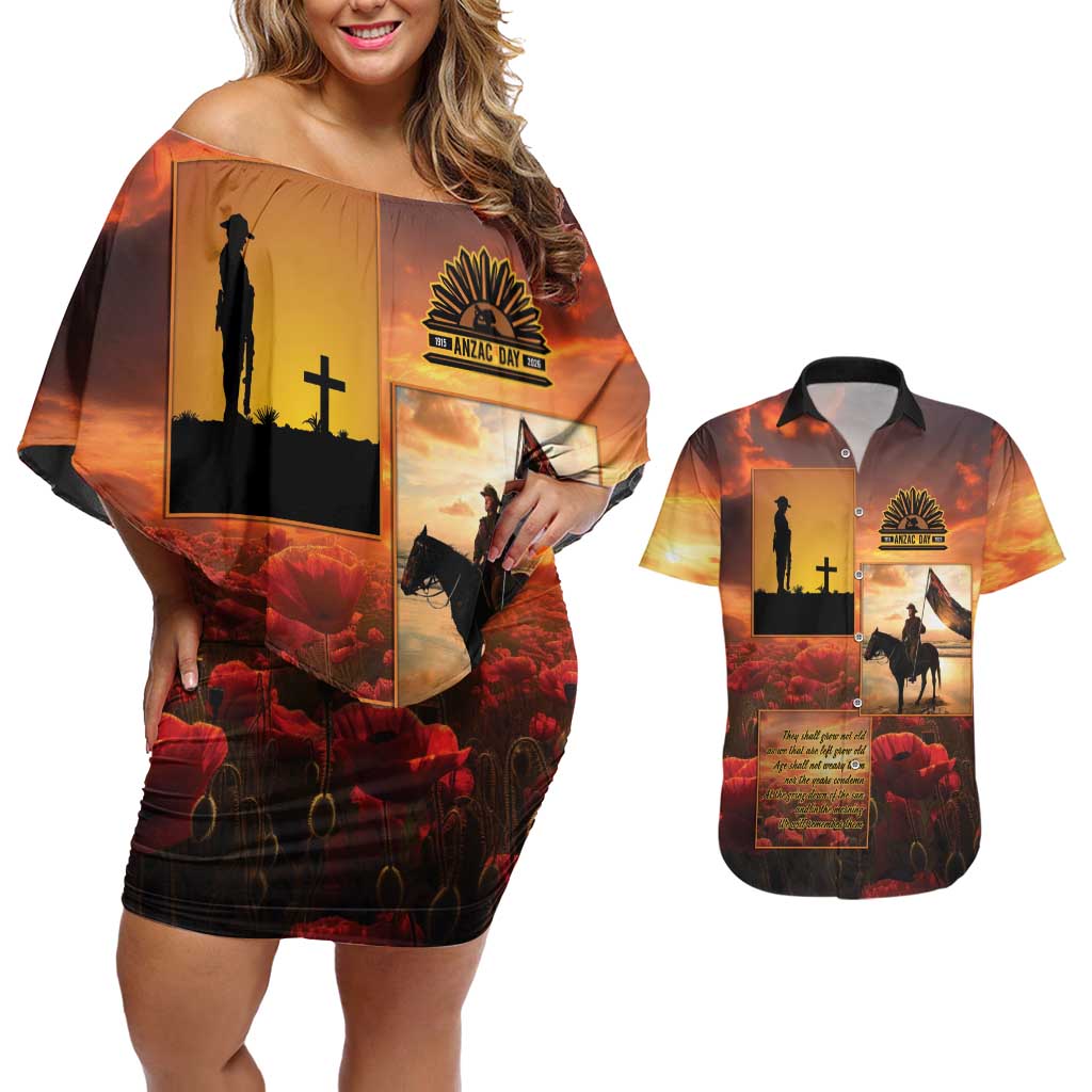 ANZAC Day Film Reel Lest We Forget Couples Matching Off Shoulder Short Dress and Hawaiian Shirt Australia NZ Memorial