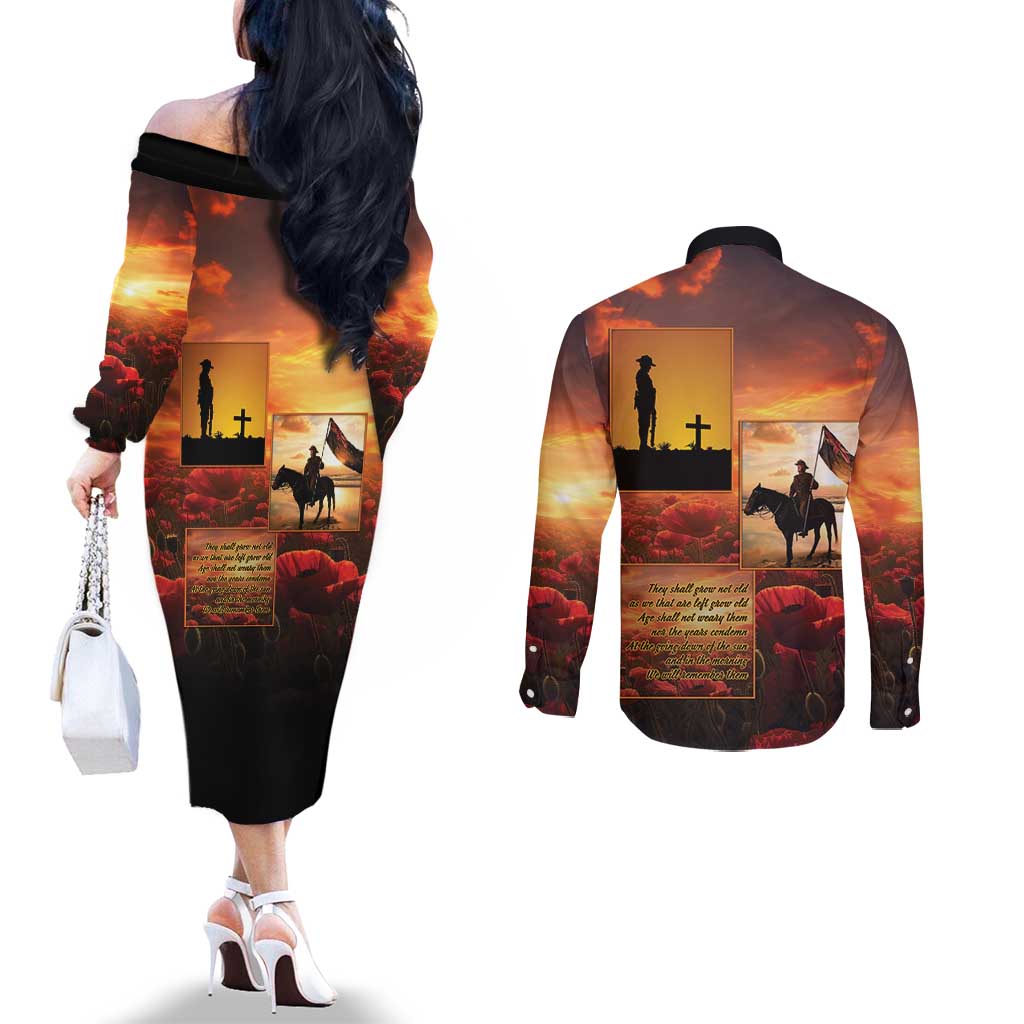 ANZAC Day Film Reel Lest We Forget Couples Matching Off The Shoulder Long Sleeve Dress and Long Sleeve Button Shirt Australia NZ Memorial