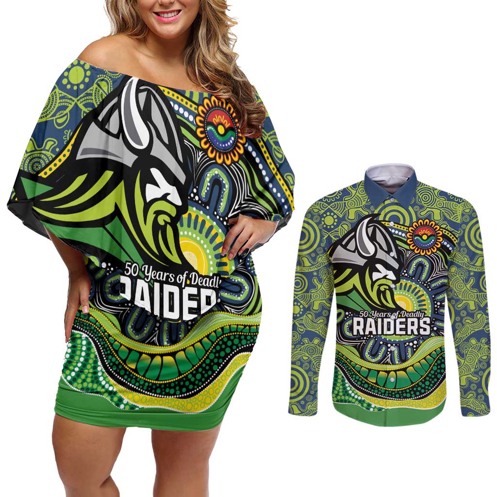 Custom Canberra Honouring First Nations Couples Matching Off Shoulder Short Dress and Long Sleeve Button Shirt NAIDOC 2026 Deadly 50 Years