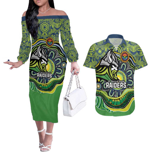 Custom Canberra Honouring First Nations Couples Matching Off The Shoulder Long Sleeve Dress and Hawaiian Shirt NAIDOC 2026 Deadly 50 Years