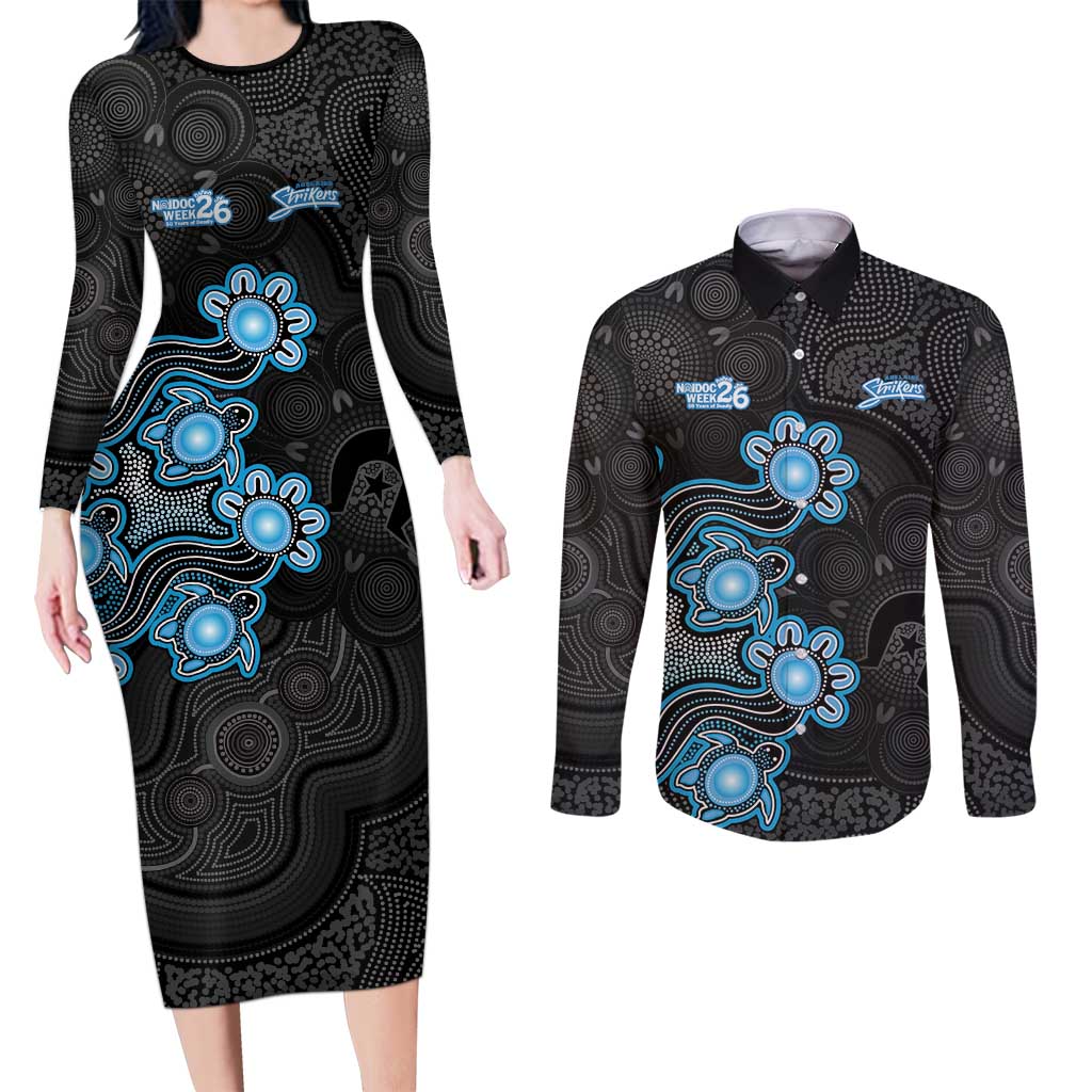 Personalised Adelaide Strikers NAIDOC Week 2026 Couples Matching Long Sleeve Bodycon Dress and Long Sleeve Button Shirt Sea Turtles Aboriginal Art