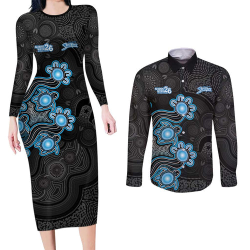 Personalised Adelaide Strikers NAIDOC Week 2026 Couples Matching Long Sleeve Bodycon Dress and Long Sleeve Button Shirt Sea Turtles Aboriginal Art