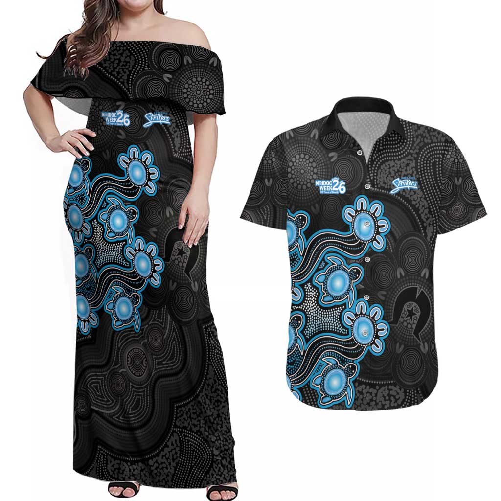 Personalised Adelaide Strikers NAIDOC Week 2026 Couples Matching Off Shoulder Maxi Dress and Hawaiian Shirt Sea Turtles Aboriginal Art